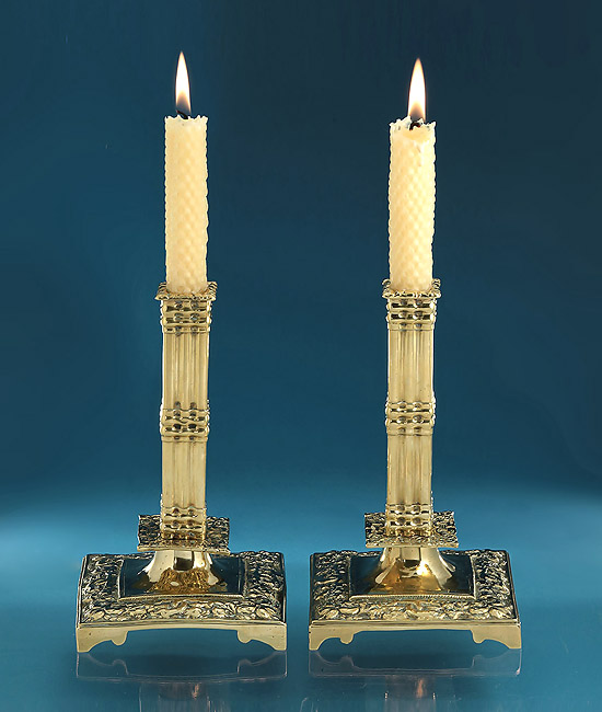 Pair Brass &Sheet Brass Column Culstered Candlesticks,